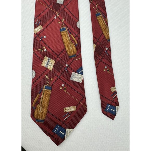 Cravatteria Reale Red Silk Golf-Themed Tie Plaid Chaps Made In Italy 4" - Picture 2 of 8